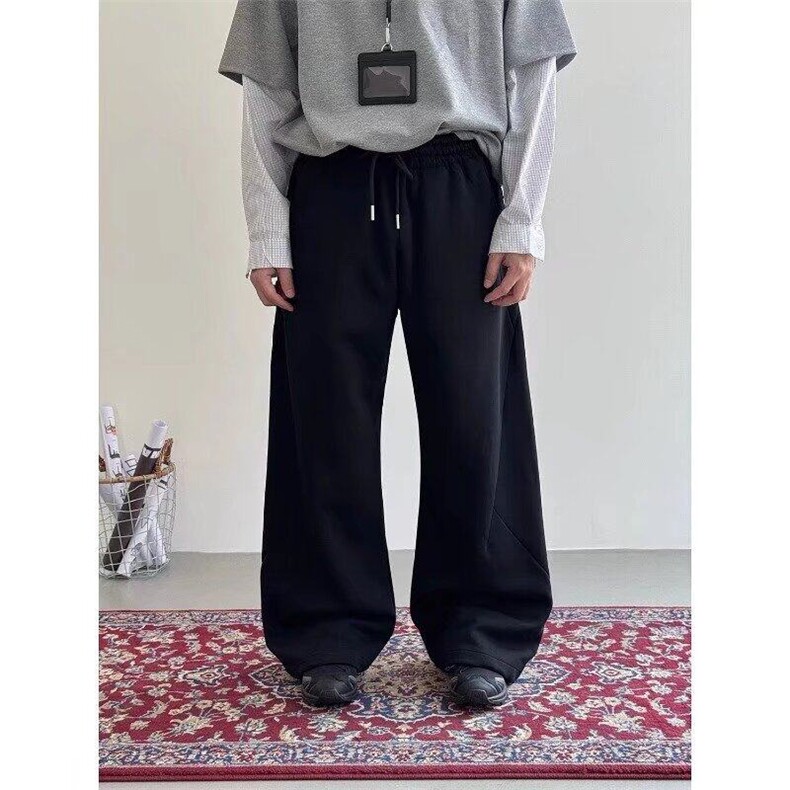 韩版纯色内弧结构弯刀休闲裤百搭直筒裤抽绳简约修身宽松微喇裤潮,男装休闲裤,星座506A