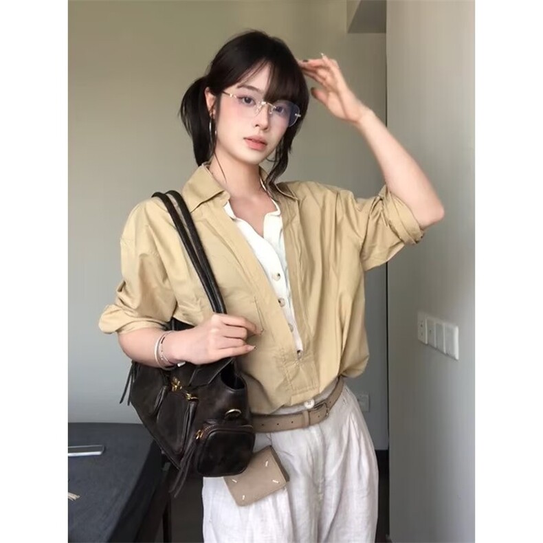 老钱风假两件V领衬衫男女秋季慵懒风设计感宽松穿搭拼接工装外套,男装衬衫,星座506A