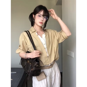老钱风假两件V领衬衫男女秋季慵懒风设计感宽松穿搭拼接工装外套图片