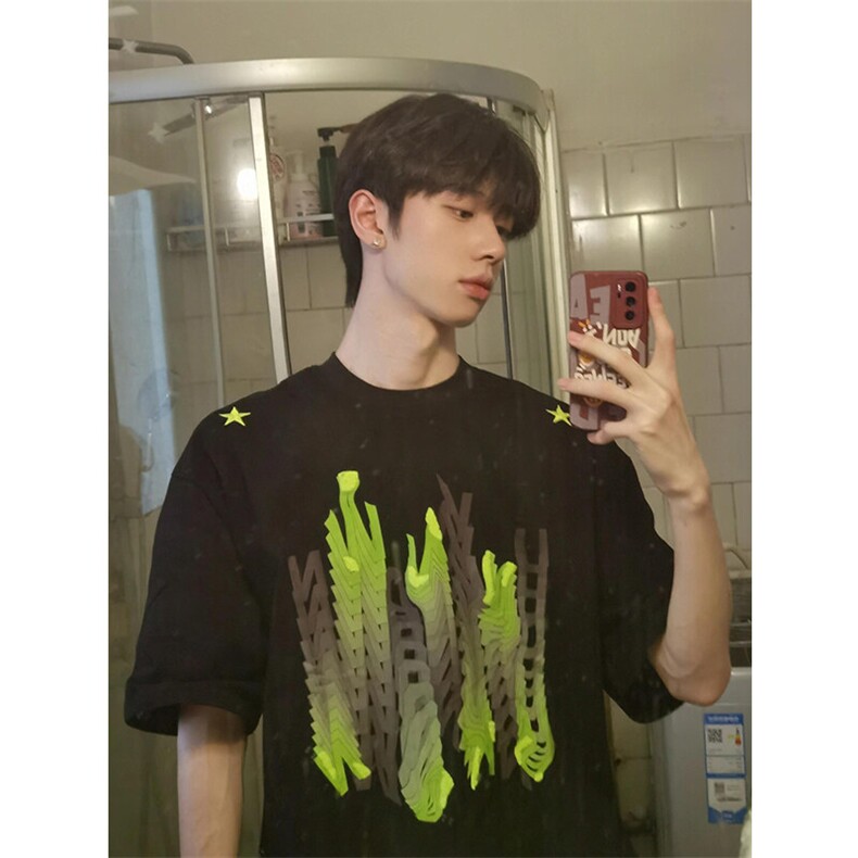 欧美高街重磅硬挺t恤男生夏季穿搭ootd短袖美式潮牌小领口七分袖图片