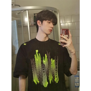 欧美高街重磅硬挺t恤男生夏季穿搭ootd短袖美式潮牌小领口七分袖图片