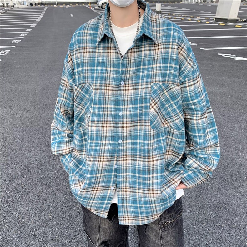 202-P362025新款秋季格子长袖衬衫翻领复古宽松情侣休闲衬衣,男装衬衫,电商B323A