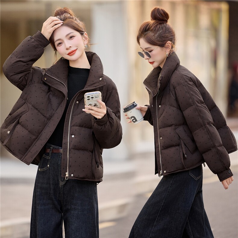 新标90白鸭绒短款印花波点羽绒服女2025冬季新款，女装羽绒服，余墨