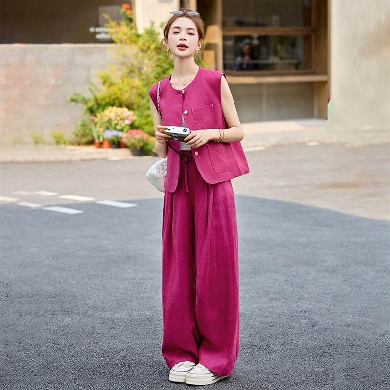 2025夏季新款纯色马甲玫红色三件套阔腿长裤T恤女装高档透气麻料,女装套装/套裙,布芭啦