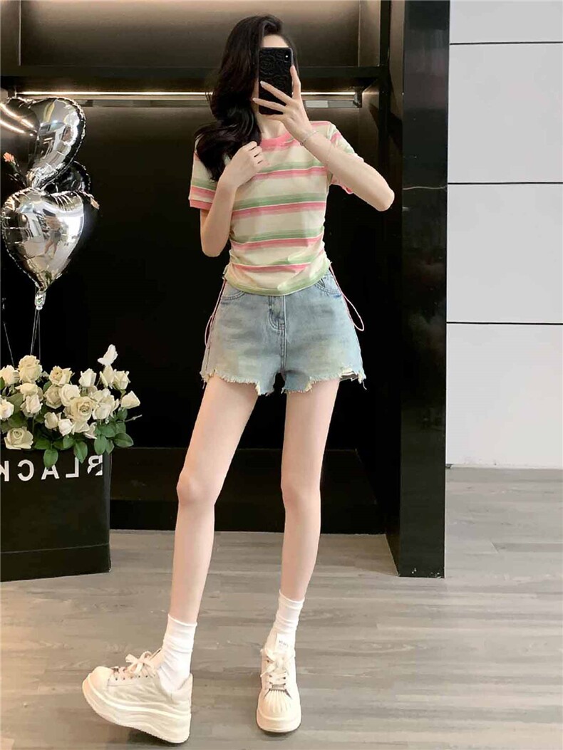女夏季新款韩版运动休闲套装修身显瘦圆领条纹短袖牛仔短裤两件套,女装套装/套裙,江南
