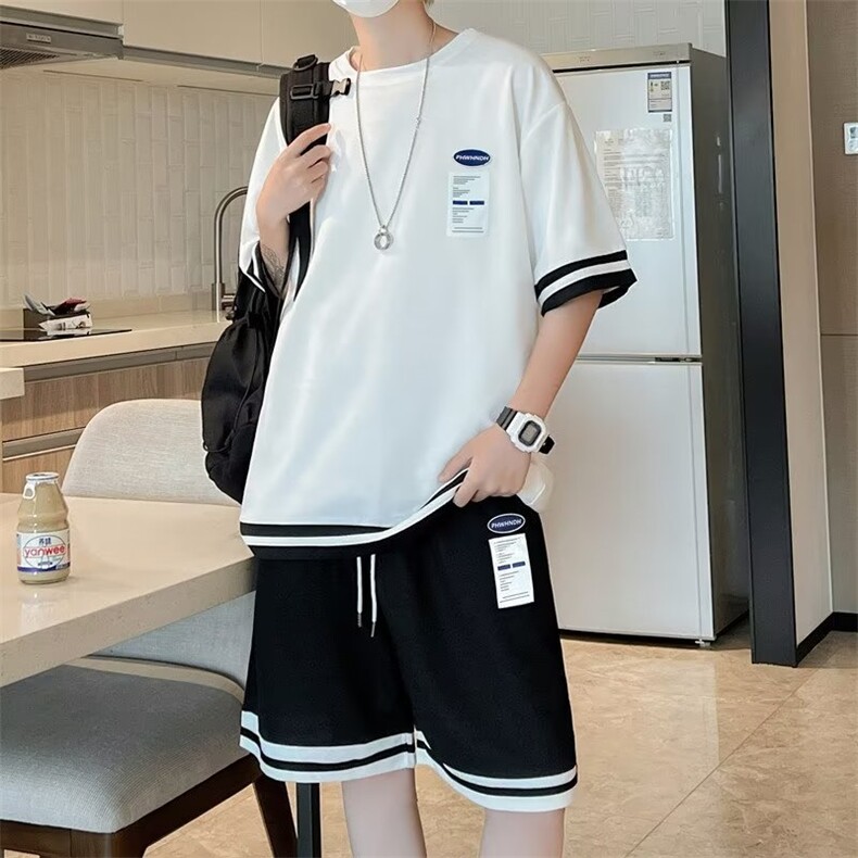 2023港风文艺休闲套装男春夏宽松潮流短袖T恤五分裤，男装休闲套装，星座716-3