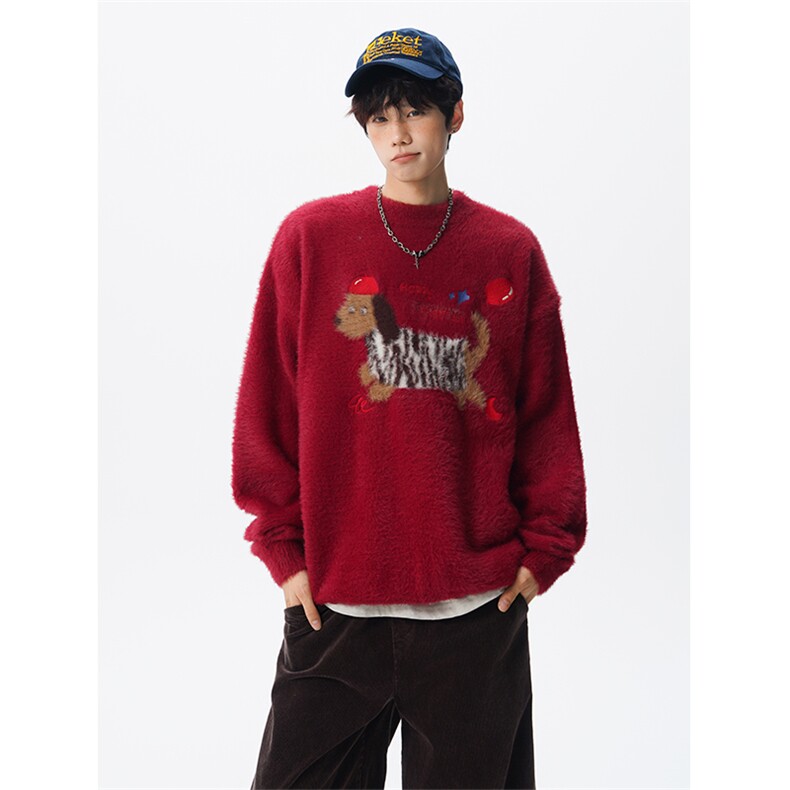 腊肠狗情侣毛衣男酒红色本命年针织衫男高级感线衫MY1222-P68，男装针织衫/毛衣，电商D206-1