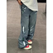 美式水洗做旧破洞街头涂鸦牛仔裤泼墨显瘦拖地直筒裤男LA6200-P45，男装牛仔裤，星座1008