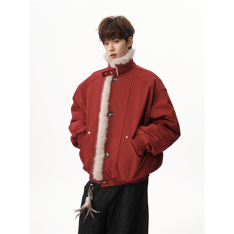 1506/QM60660/P103新年红工装毛领肌理感夹克棉服保暖立领外套冬,男装夹克,星座1506