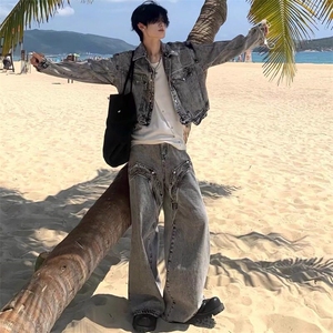 牛仔外套水洗做旧夹克高级感牛仔裤套装 JK3352特P78 NZ516特P58图片