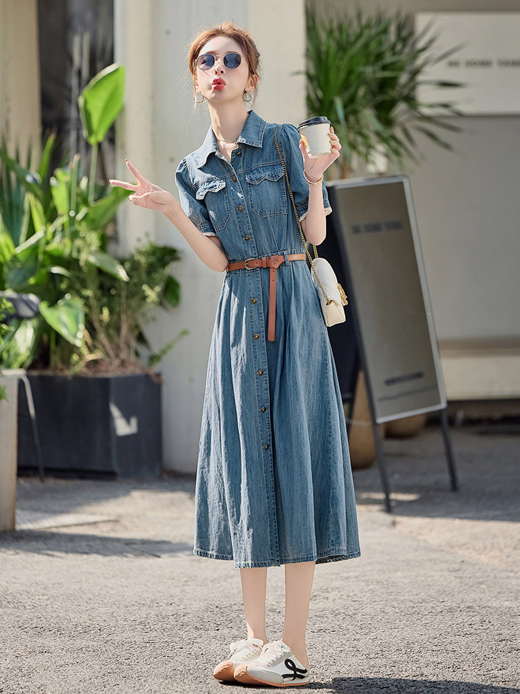 高级感薄款牛仔连衣裙女夏季2025新款收腰气质复古休闲短袖衬衫裙,女装连衣裙,E百度