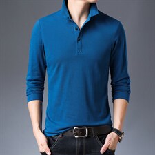 长袖T恤男翻领休闲上衣2023春季新款中年男士纯色纯棉polo衫男装图片