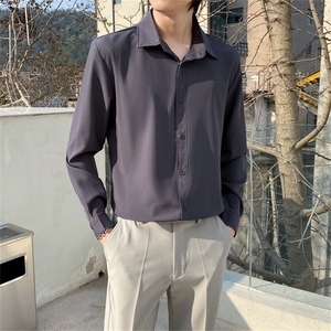 长袖衬衫男春秋韩版潮流纯色衬衣男士修身大码上班职业装寸衫外套图片