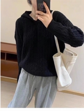 麻花毛衣女毛线衣秋冬2024款连帽复古日系慵懒宽松软糯针织衫上衣，女装羊毛衫，恒恩羊绒