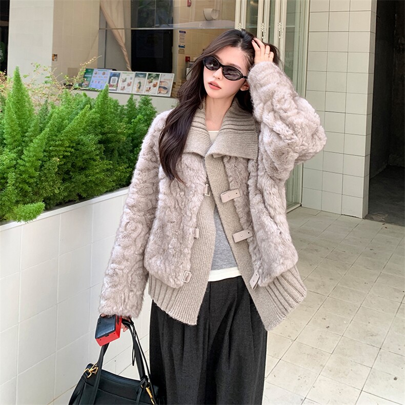 针织拼接羊羔毛短外套女2025冬季新款今年流行设计感时尚皮毛一体,女装羊羔毛/颗粒绒,2C217