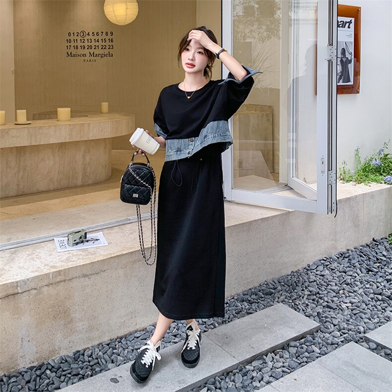 秋冬现货设计感假两件牛仔拼接连衣裙长裙2962P135K198,女装连衣裙,2C029
