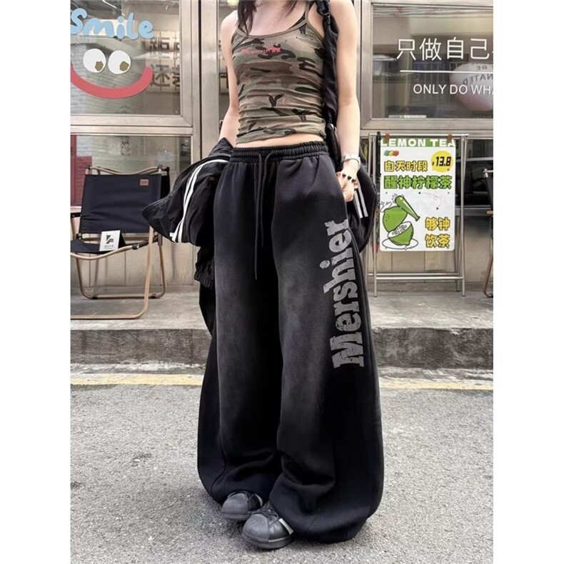 美式复古2025水洗嘻哈弯刀拖地裤字母印花爵士做旧阔腿休闲运动裤，女装休闲裤，星座1210-1