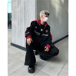 美式复古三条杠织撞色拉链连帽卫衣男秋牌情侣开衫上衣图片