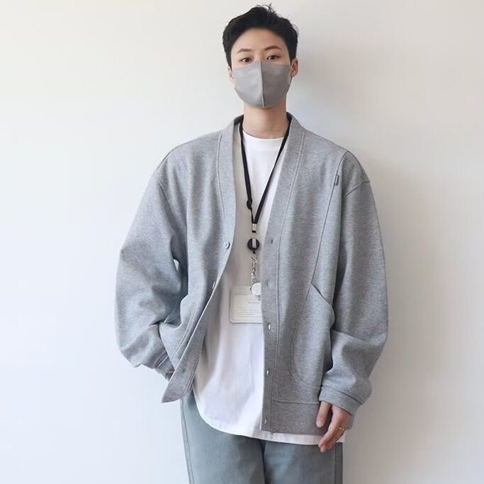 秋冬复古日系慵懒风纯色V领开衫卫衣男潮牌宽松情侣百搭外套,女装短外套,星座506A
