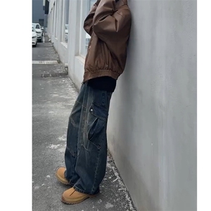 宽松弯刀工装牛仔裤男女同款长裤A46-P60图片