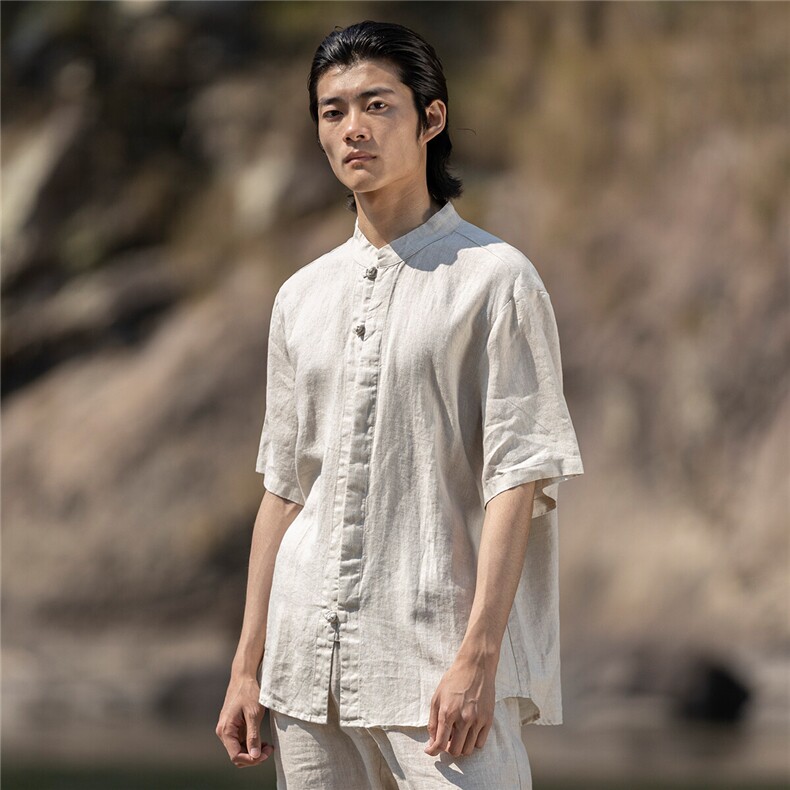 纯亚麻夏季薄款宽松短袖上衣风复古唐装盘扣衬衫男CS04，男装T恤，星座704A（原B229A）