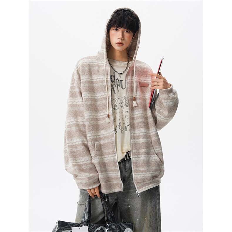 8XL-M潮情侣美式磨毛编织条纹针织衫卫衣宽松拉链外套WY30P88,男装针织衫/毛衣,电商D206-1