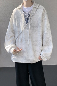 WY10151-特P48 控88 小众扎染撞色拼接条纹假两件大码男宽松卫衣图片