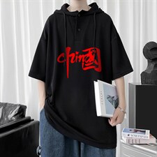 LD54199-P45连帽短袖t恤男大码胖子带帽五分袖中袖，男装T恤，电商A040