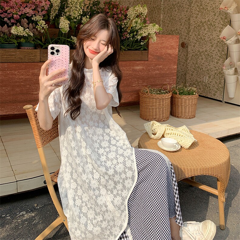 超火小众穿搭蕾丝T恤配格子半身裙套装女夏2025新款设计感两件套,女装套装/套裙,2C122