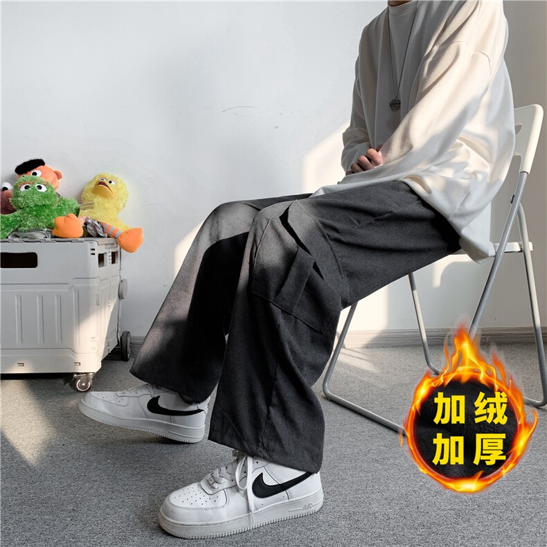 加绒灯芯绒休闲裤男港风潮流大口袋2023冬季新款ins长裤K2908-P33图片
