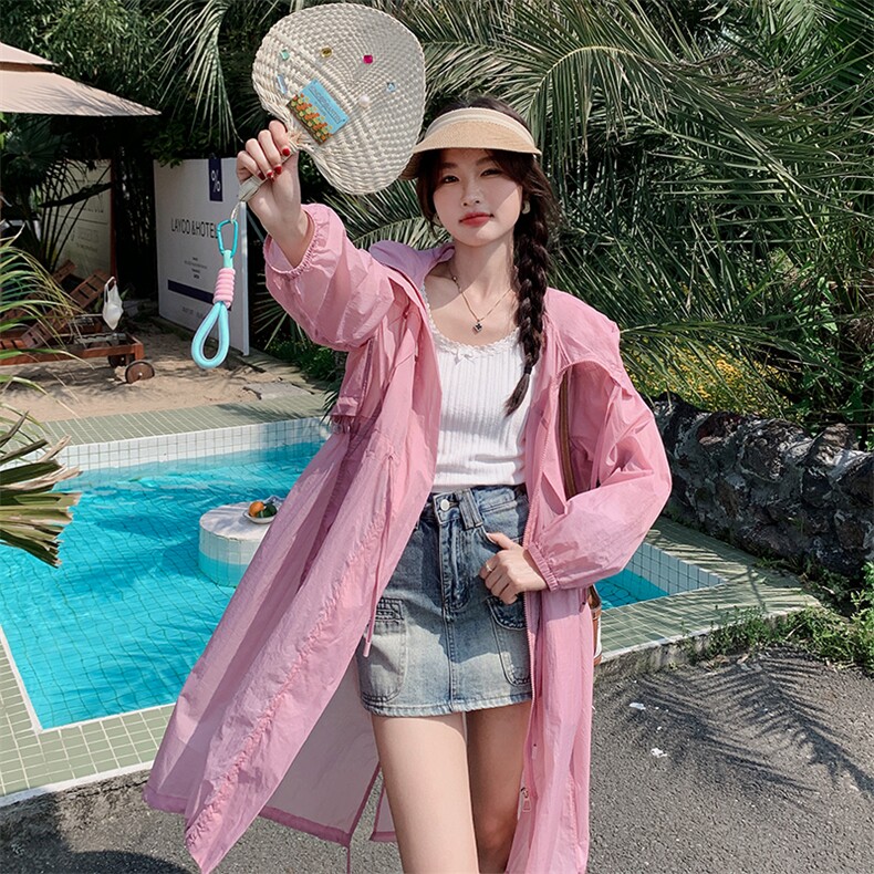 现货－夏季新品粉色透气长款防晒服348－P95-K168,女装防晒衣,浙宝203