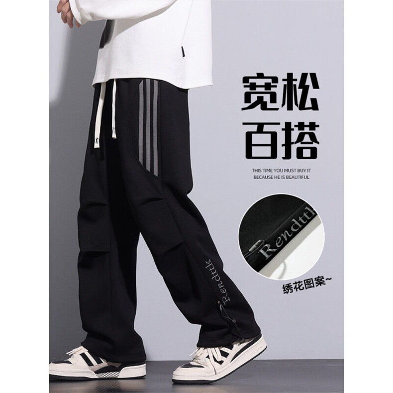 春季潮流美式高街垂感褶皱设计三条杠宽松直筒长裤 A436-817-P35图片