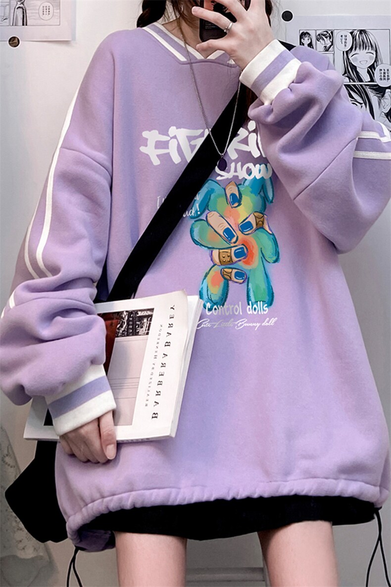 秋冬中性 韩版新款宽松情侣V领休闲加绒卫衣男女潮B608 P55控68图片