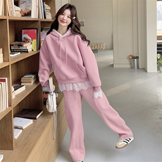 奶黄色蕾丝拼接卫衣套装女2025秋季新款运动时尚休闲阔腿裤两件套，女装套装/套裙，2C133
