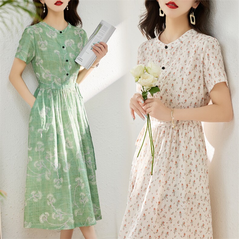 小清新碎花棉麻风连衣裙女2025夏季新款收腰显瘦气质减龄短袖裙子，女装连衣裙，木橙西子