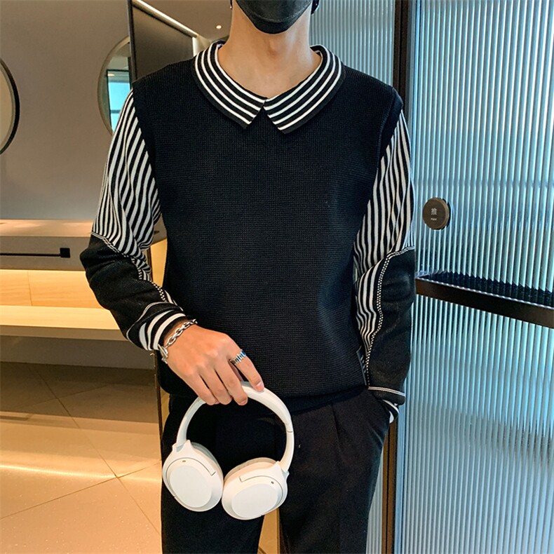 秋冬季节新款拼接条纹假两件衬衫男士时尚潮流毛衣MY0847-P55,男装针织衫/毛衣,星座308B-2