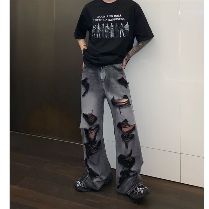 美式破洞设计感牛仔裤男款潮牌阔腿裤夏季薄款长裤DA33-P46,男装牛仔裤,星座208-5