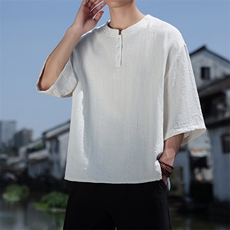 2025夏季风七分袖立领上衣盘扣休闲纯色T恤宽松大码T2510-P60，男装T恤，电商A008