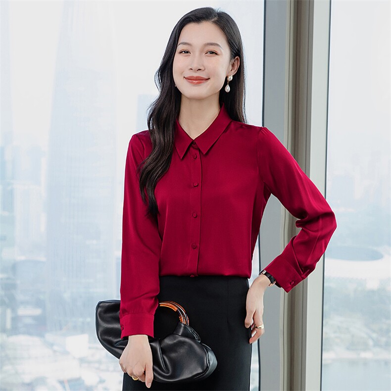 重磅高端酒红色真丝衬衫女长袖2026春新款修身妈妈真丝上衣，女装衬衫，阿舍尔精品