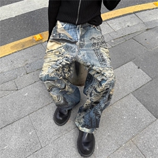 美式AC风格错觉糜烂破坏3D打印数码印花涂鸦阔腿baggy直筒牛仔裤，男装牛仔裤，星座813-2