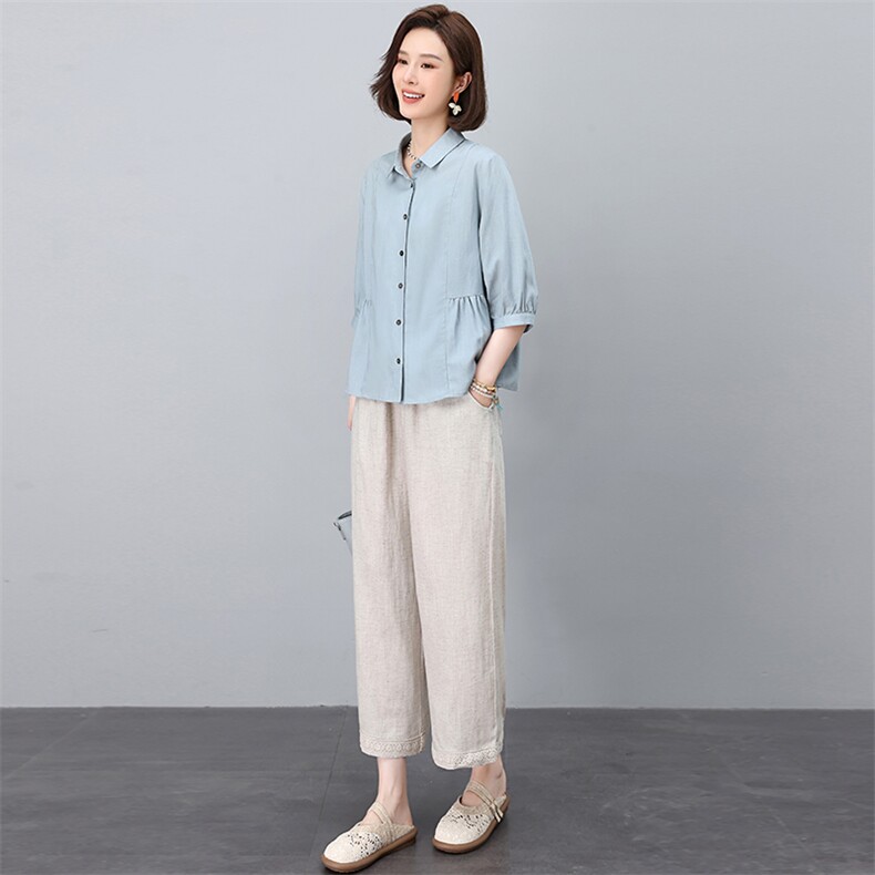 天丝亚麻套装2025夏季新款时尚减龄妈妈气质两件套，女装套装/套裙，忆绮罗