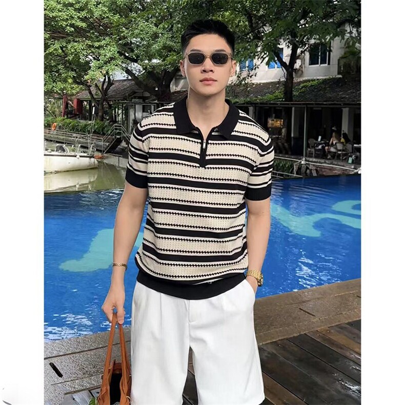 撞色款夏季冰丝针织衫短袖polo衫老钱风 F6219-P55图片