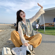 设计感小众蕾丝衬衫刺绣牛仔马甲三件套女2025秋季新款复古阔腿裤，女装套装/套裙，2C198