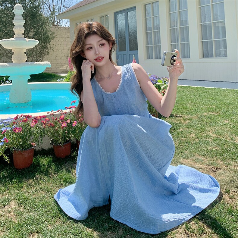 蓝色时尚设计感花边背心连衣裙女2025夏季新款浪漫度假风过膝长裙,女装连衣裙,浙宝276（原081）