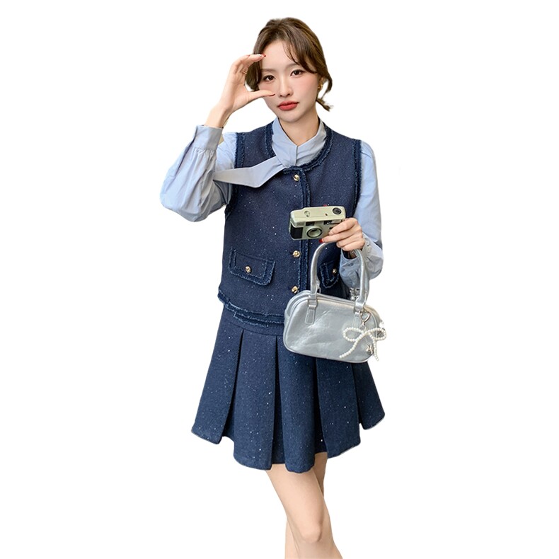 法式小香风衬衫马甲套装女2025年春季新款高腰显瘦半身裙三件套,女装套装/套裙,1D102-1