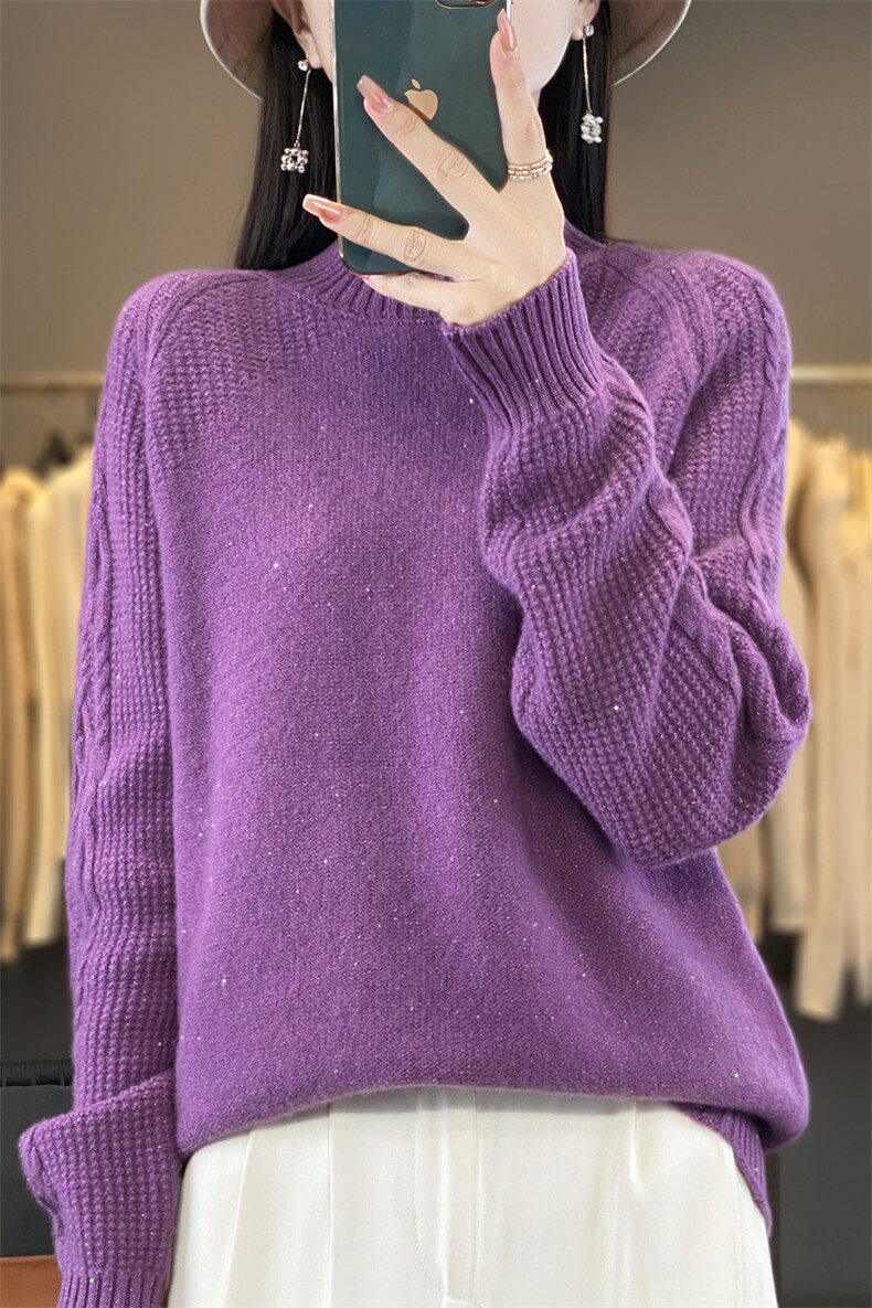 秋冬100%纯羊毛衫女半高领提花加厚亮丝针织毛衣宽松保暖羊绒上衣,女装羊毛衫,忠诺羊绒