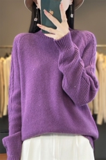 秋冬100%纯羊毛衫女半高领提花加厚亮丝针织毛衣宽松保暖羊绒上衣，女装羊毛衫，忠诺羊绒
