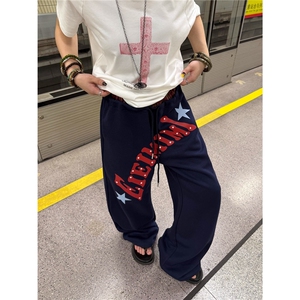 美式复古双腰头字母印花运动卫裤男女慵懒风宽松阔腿休闲裤