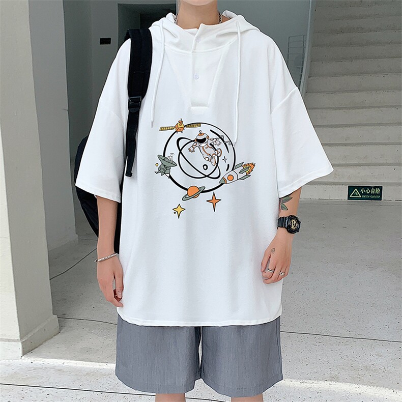 LD54142-P45 连帽短袖t恤男大码胖子带帽五分袖中袖图片