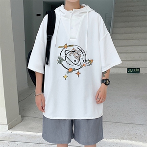 LD54142-P45 连帽短袖t恤男大码胖子带帽五分袖中袖图片